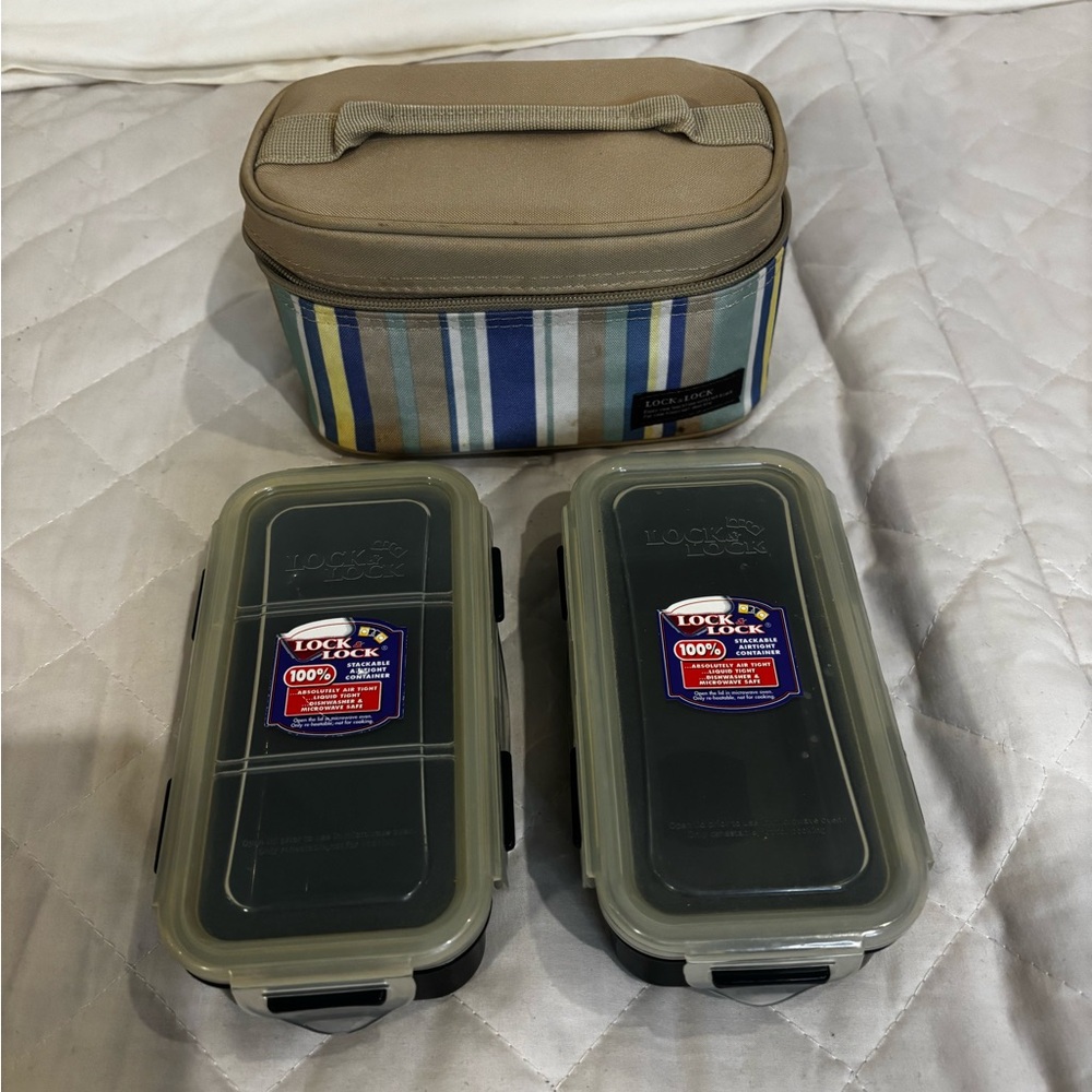 Striped Insulated Lunch Bag with Lock & Lock Containers.km209